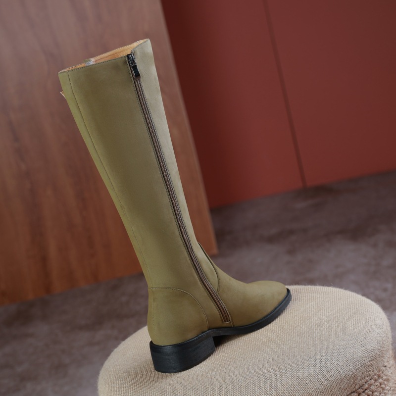 2021秋冬季牛皮平底长筒靴子女显瘦高筒马靴方头加绒骑士靴3340码