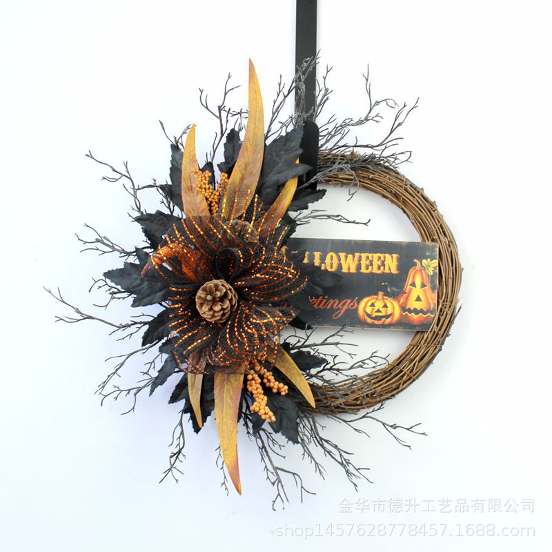 DSEN Cross-Border E-Commerce Amazon Halloween Simulation Black Maple Leaf Voile Branches Wooden Board Vine Ring Garland