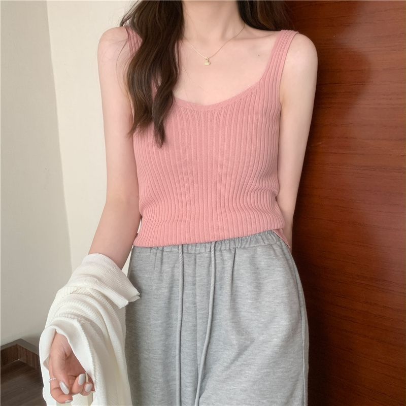 竖条纹小背心女夏季韩版新款粉色冰丝吊带学院风内搭外穿无袖上衣
