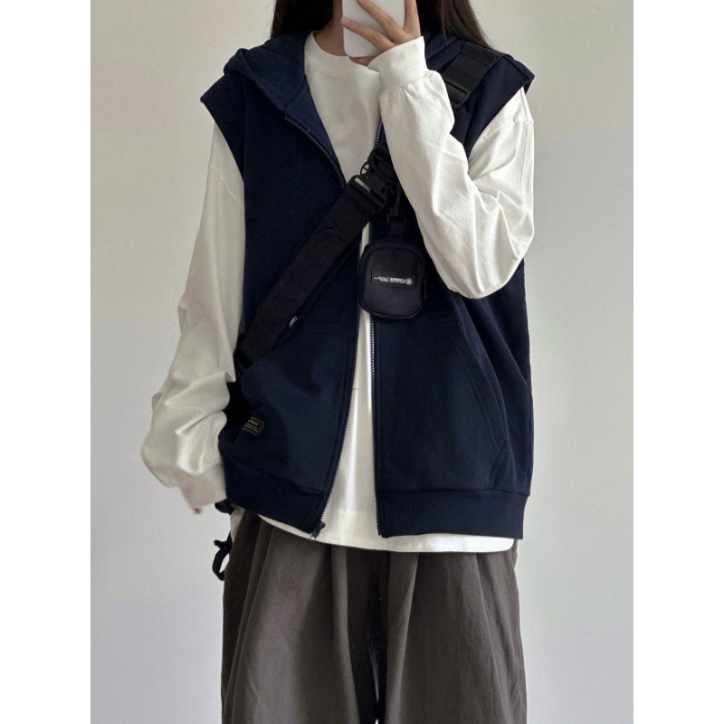 美式复古灰色无袖连帽拉链卫衣外套女春秋季开衫帽衫坎肩上衣马甲