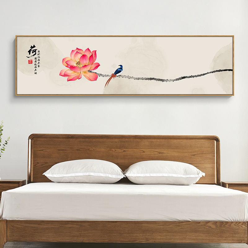 卧室床头装饰画新中式客厅沙发背景墙挂画茶室禅意水墨荷花工笔画
