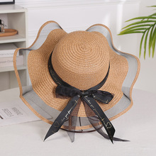 帽子女士夏天网纱草帽大檐帽可折叠遮阳帽海边蝴蝶结沙滩帽批发
