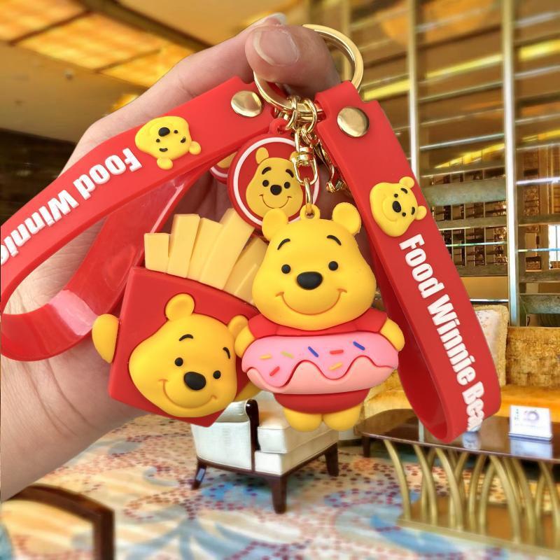 New Pooh Bear Keychain Cute Bear Donut French Fries Women's Bag Pendant Car Key Chain Small Gift