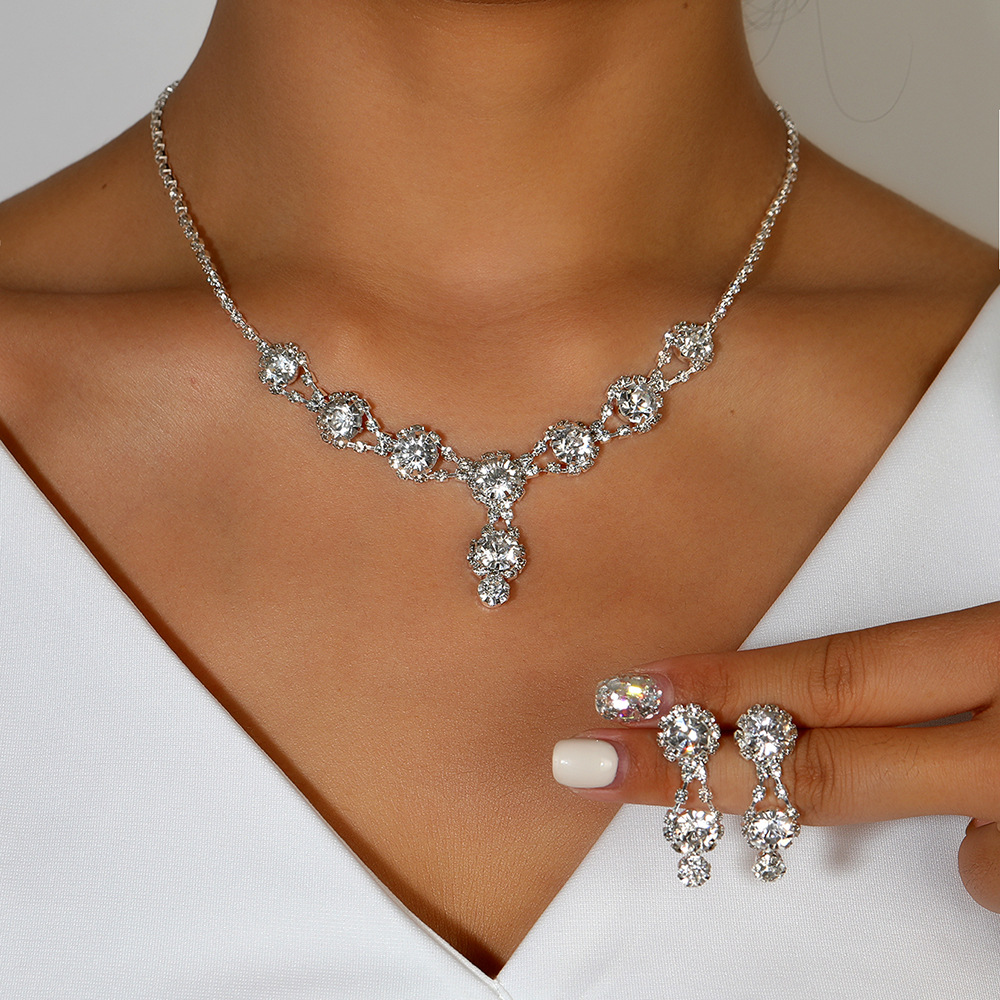 欧美奢华跨境新娘首饰项链耳环两件套水钻爪链轻奢大气