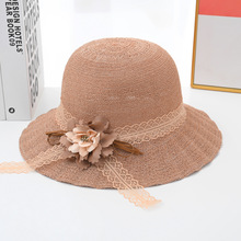 夏季沙滩防晒草帽防紫外线太阳帽女士出游遮阳帽花朵小檐渔夫帽女