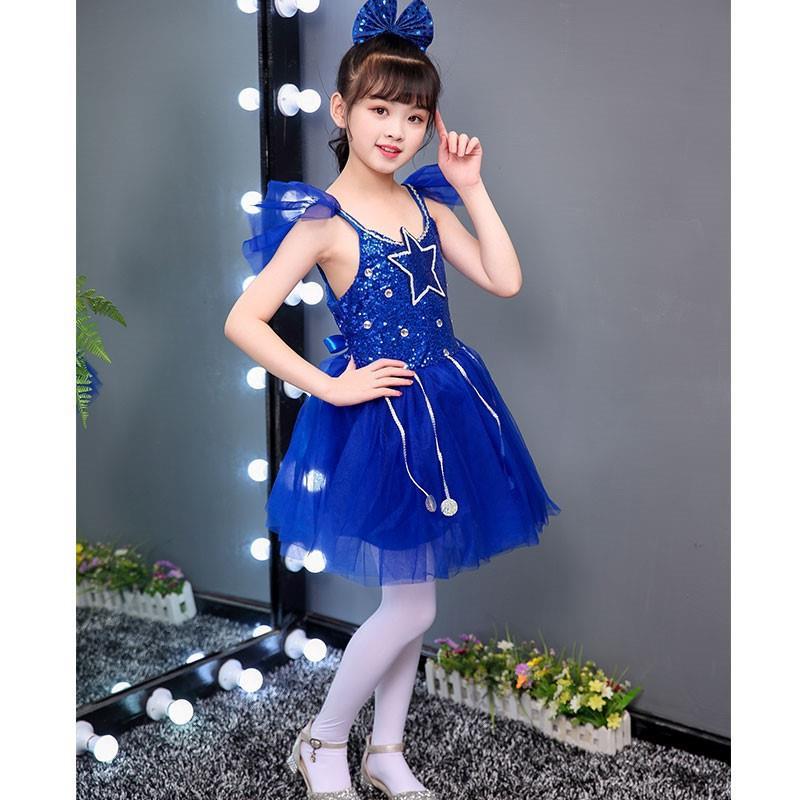 儿童演出服女2021新款舞蹈服星星蓝色蓬蓬裙六一幼儿园演出服