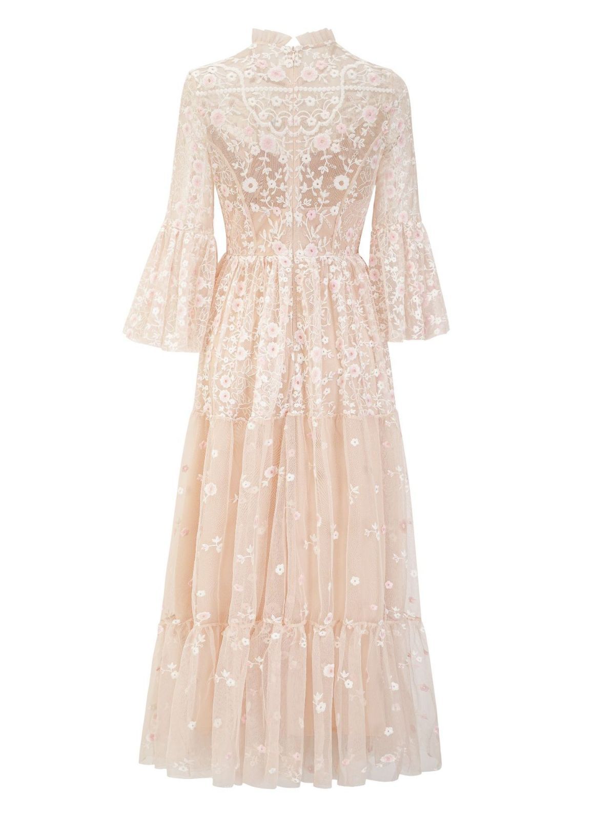 粉色串片小花朵网纱刺绣连衣裙7分长喇叭袖长款裙子生日晚会礼服