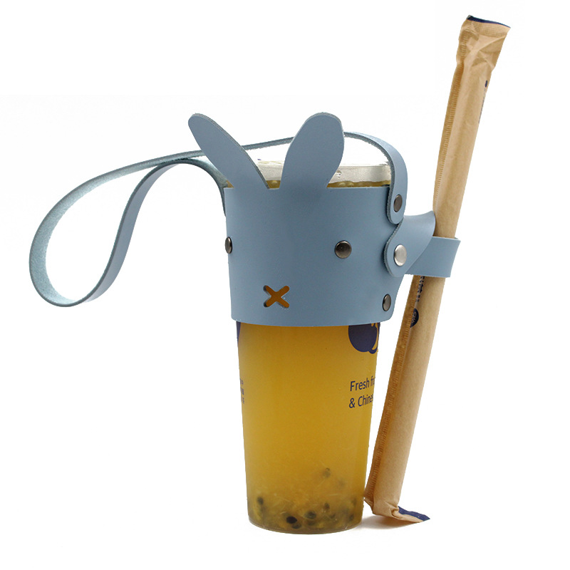 现货可爱兔子形状奶茶塑料杯饮料提手 隔热隔烫冰霸杯皮革杯套