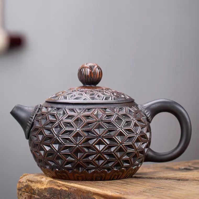 建水紫陶壶浮雕壶西施石瓢壶全纯手工茶壶紫陶功夫茶具重工深雕壶