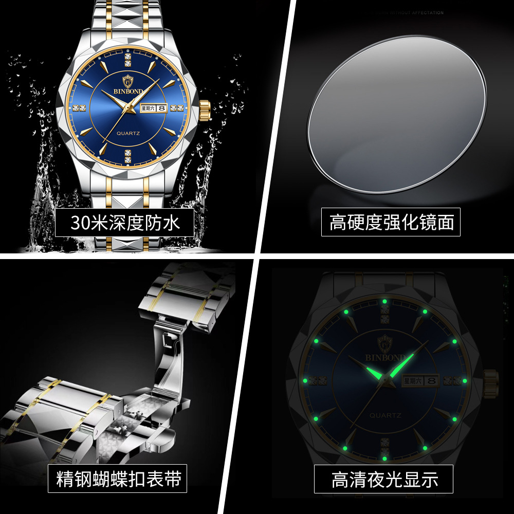 Binbang Watch New Trendy Men's Watch Men's Waterproof Tungsten Steel Calendar Quartz Watch Best-Seller on Douyin Cross-Border Delivery