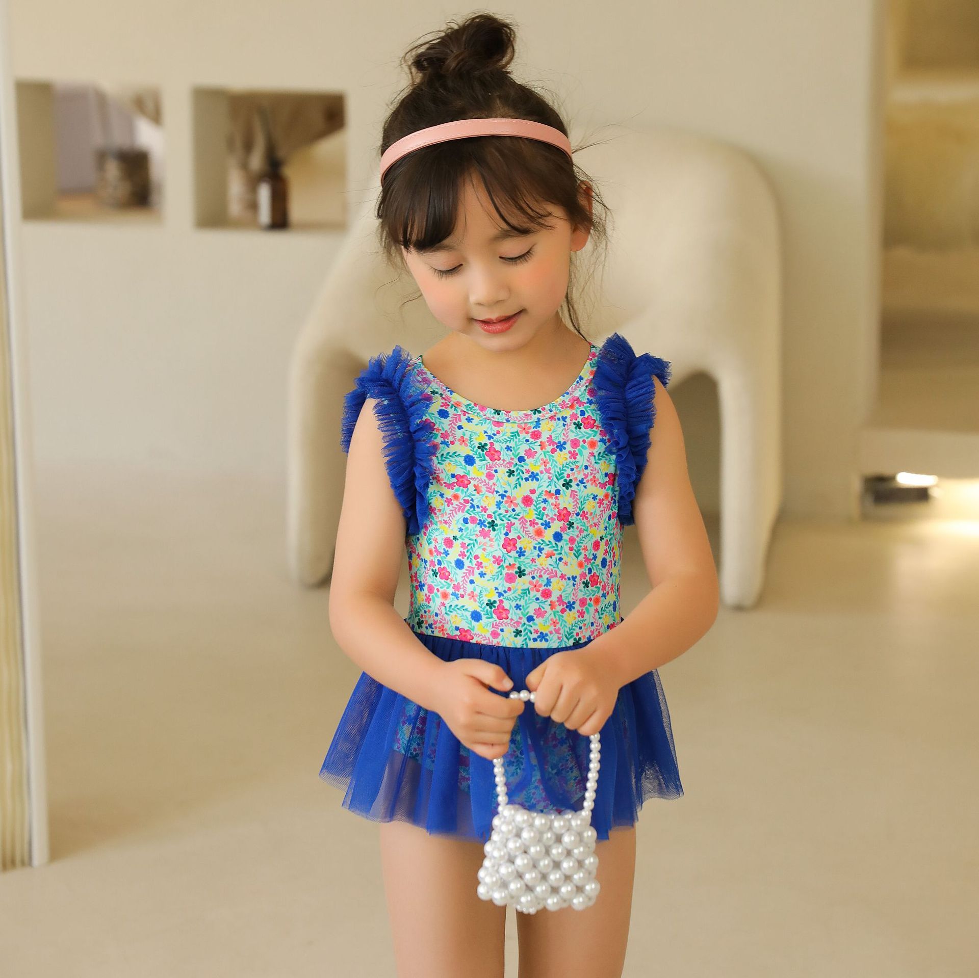 2022夏季韩版儿童蕾丝公主泳装宝宝洋气女童三角连体小女孩游泳衣