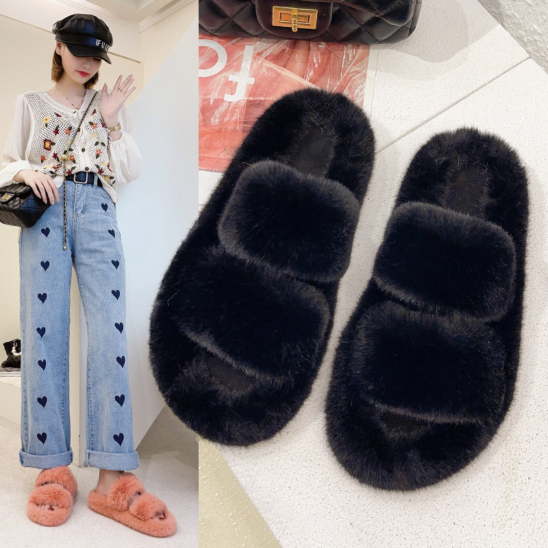 Flat Large Size One-Word Plush Women's Slippers Spring, Autumn and Winter Warm Indoor Fashion All-Matching Flat Bottom Thickened Factory Wholesale