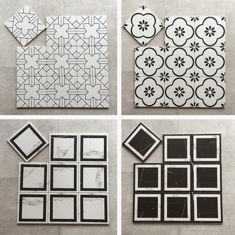 北欧黑白小花砖厨房浴室防滑地砖200x200地面砖艺术背景墙面瓷砖