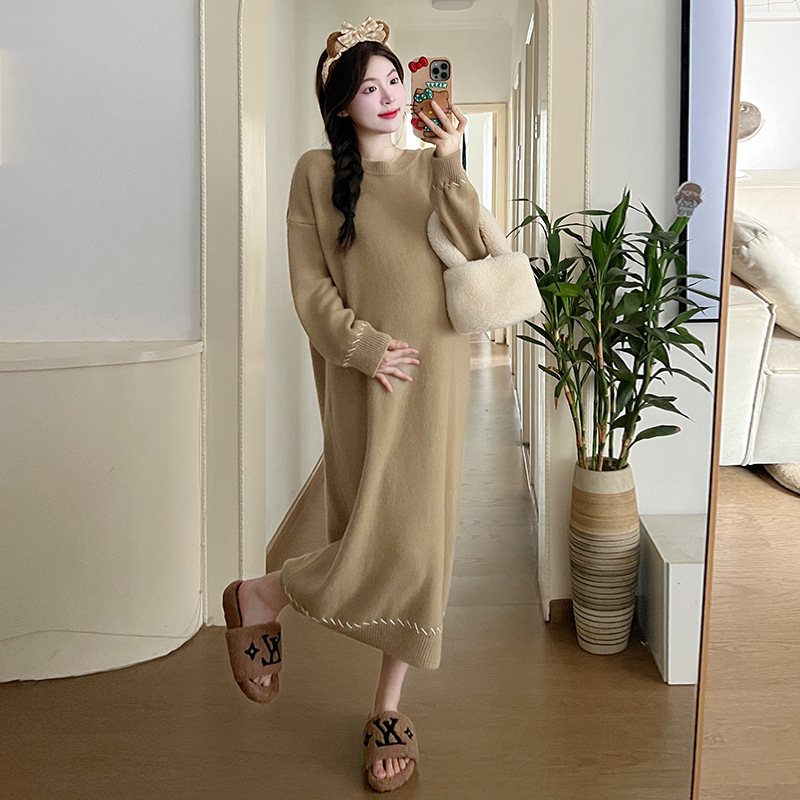 Internet Celebrity Pregnant Women Autumn and Winter Large Size Thickened Knitting Long Dress Gentle Soft Glutinous Loose Design Pullover Dress Sweater