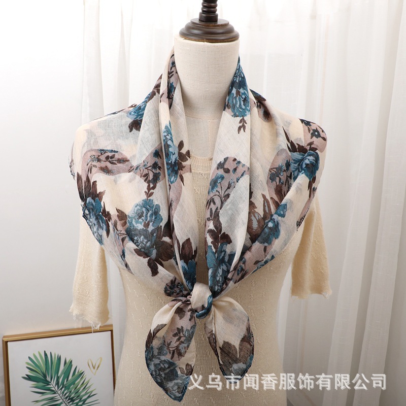 Rose Print 90 Square Scarf Voile Thin Cotton and Linen Soft Scarf Sunscreen Scarf Small Shawl Toe Cap Warming Kerchief