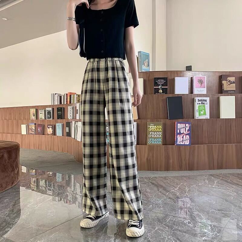 Plaid Pants Women's Summer Thin Casual Loose Narrow Straight-Leg Pants High Waist Slimming Draping Effect Wide Leg Pants Mop Pants