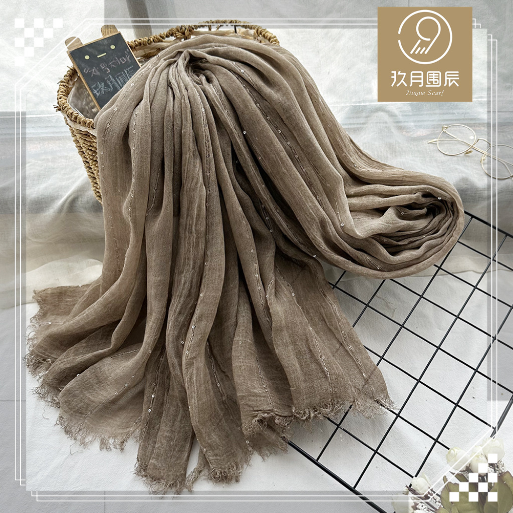 跨境围巾秋款薄款外贸莫代尔围巾女纯色脏染亮片长方形纱巾包头巾