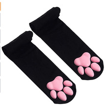跨境3D猫爪袜 日系洛丽塔cosplay长筒袜过膝黑丝袜猫爪肉垫打底袜