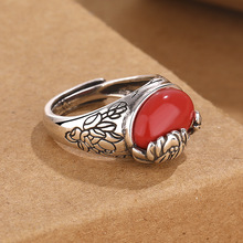 复古镀s999泰银镶嵌南红莲花戒指女个性时尚玛瑙活口可调节指环