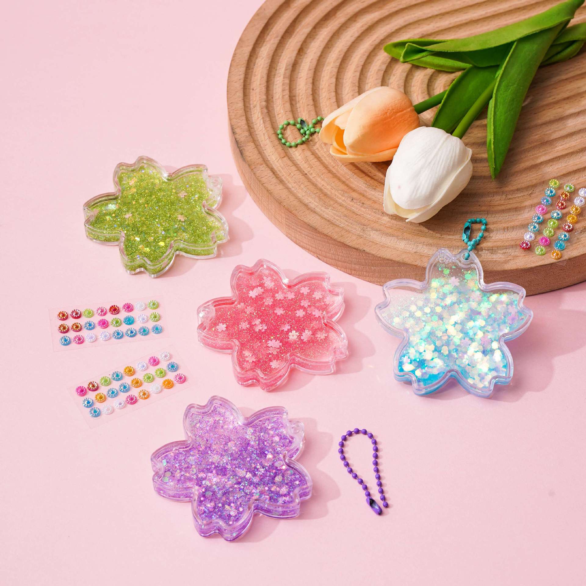 亚克力樱花流沙咕卡麻将 diy咕盘卡砖贴纸收纳盒 咕咔砖大套装