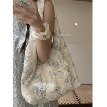 韩版时尚蕾丝蝴蝶单肩包2024新款韩版文艺托特包大容量购物袋包
