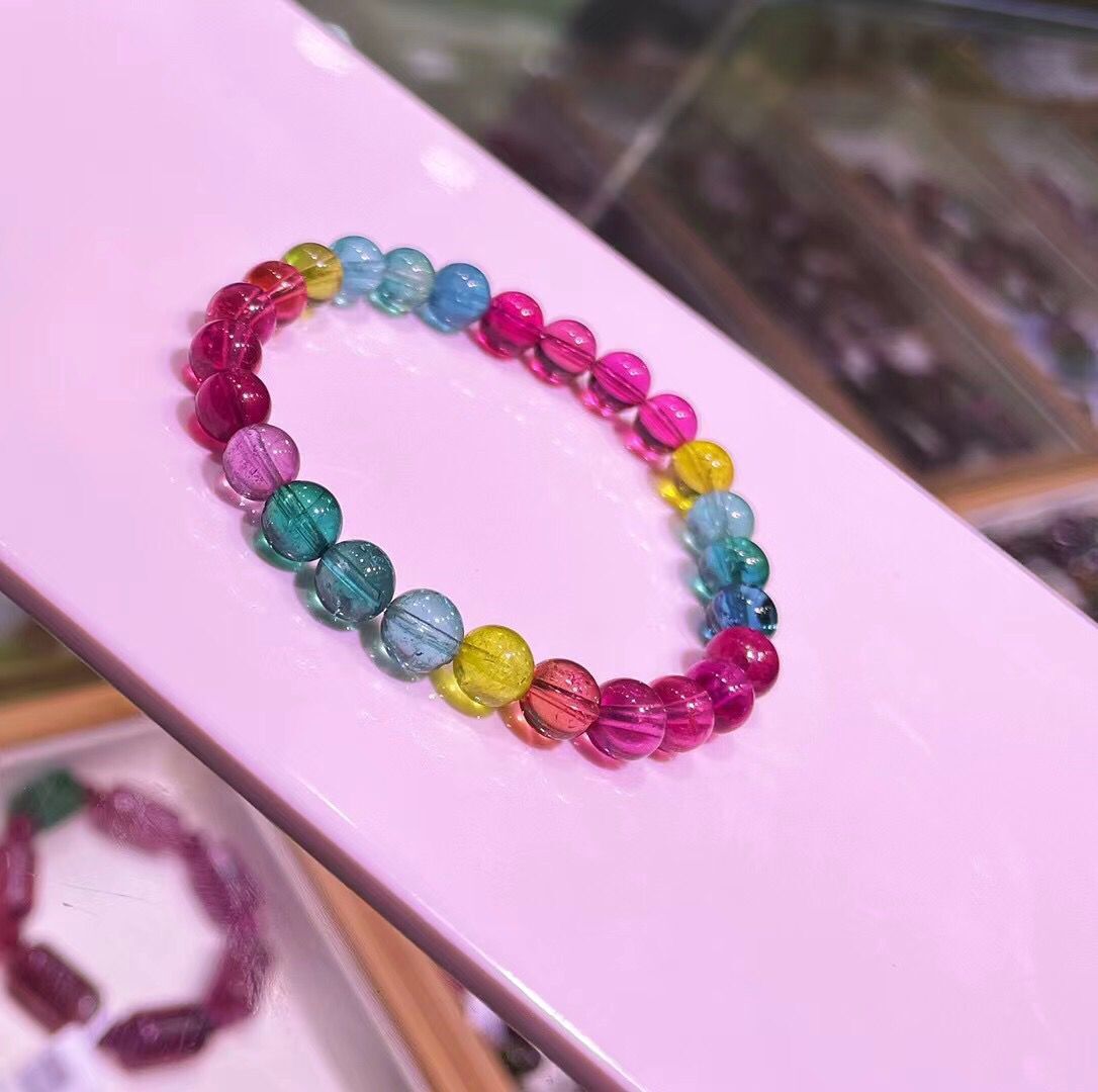 天然碧玺艳丽色彩冰淇淋手链马克龙手串色标单圈多圈仙女色女