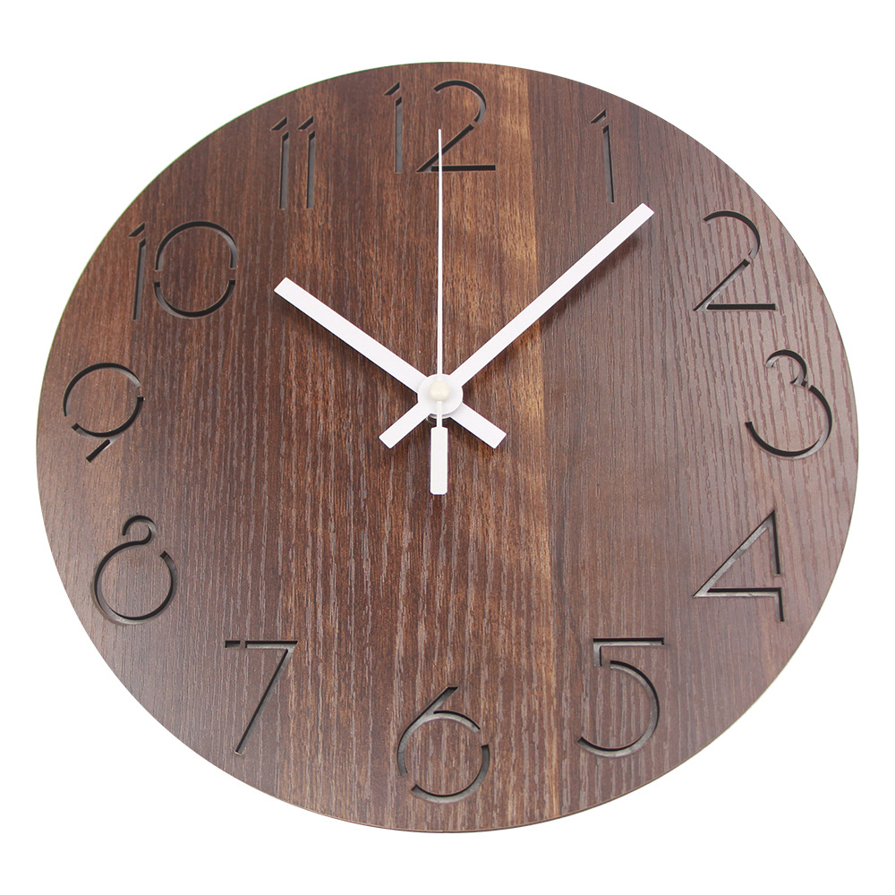 定制欧式复古棕色胡桃木创意客厅挂钟数字木质钟表简约时钟挂表大