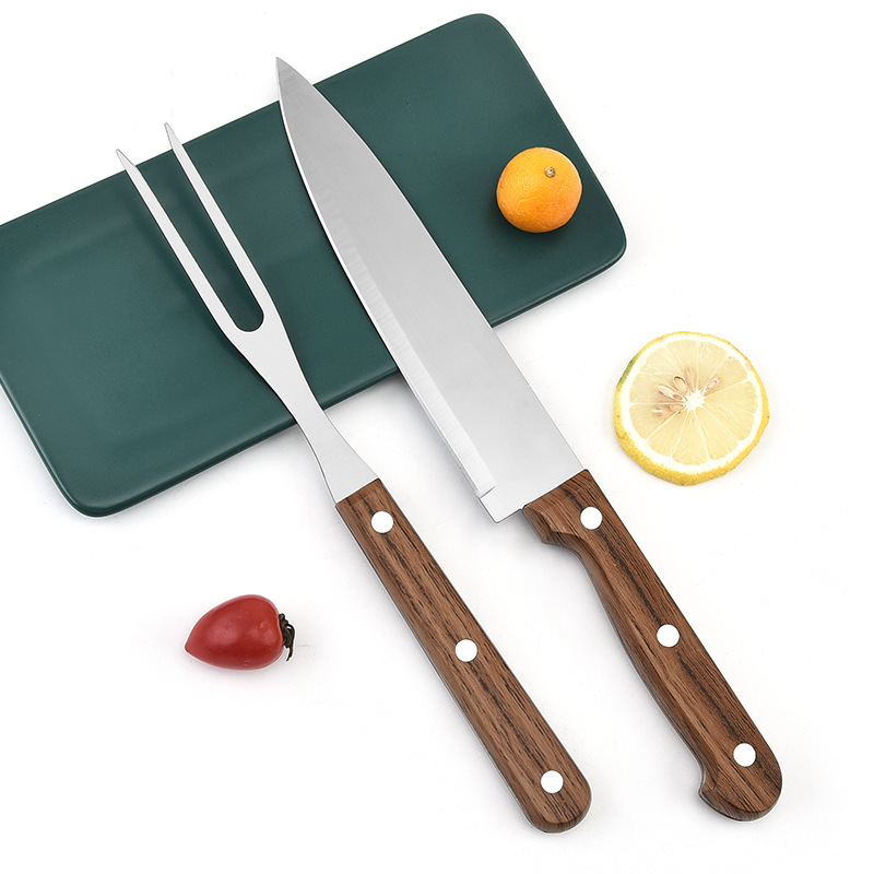 7寸厨师刀 厨房刀具组合仿木柄披覆二件套装烧烤刀叉bbq露营工具