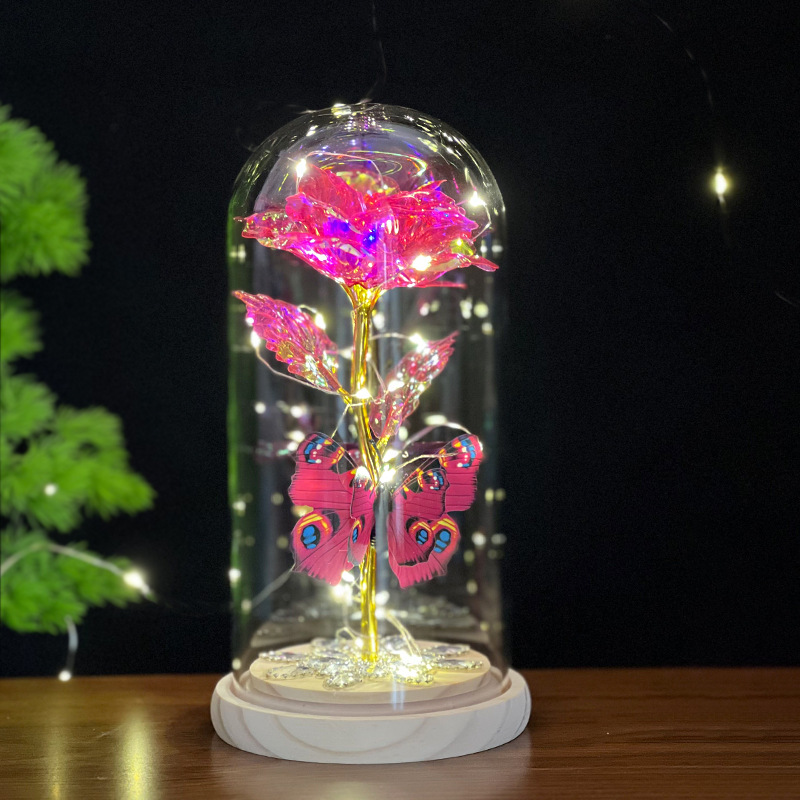 520 Valentine's Day Gift Wholesale New LED Light Luminous Glass Cover Rose Flower Lamp Gold Foil Flower Butterfly for Girlfriend