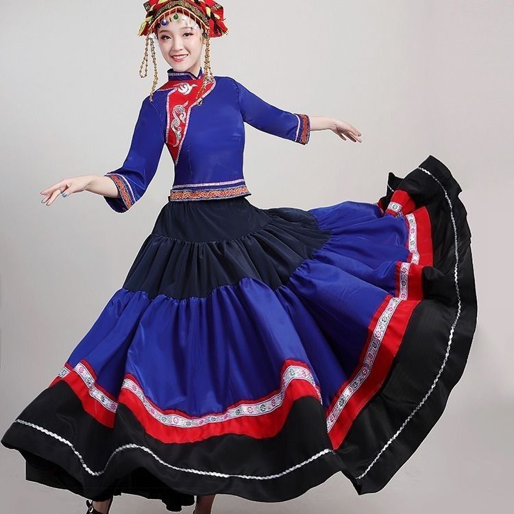 彝族服装女大摆裙七月火把节七彩衣服凉山少数民族舞蹈演出服装
