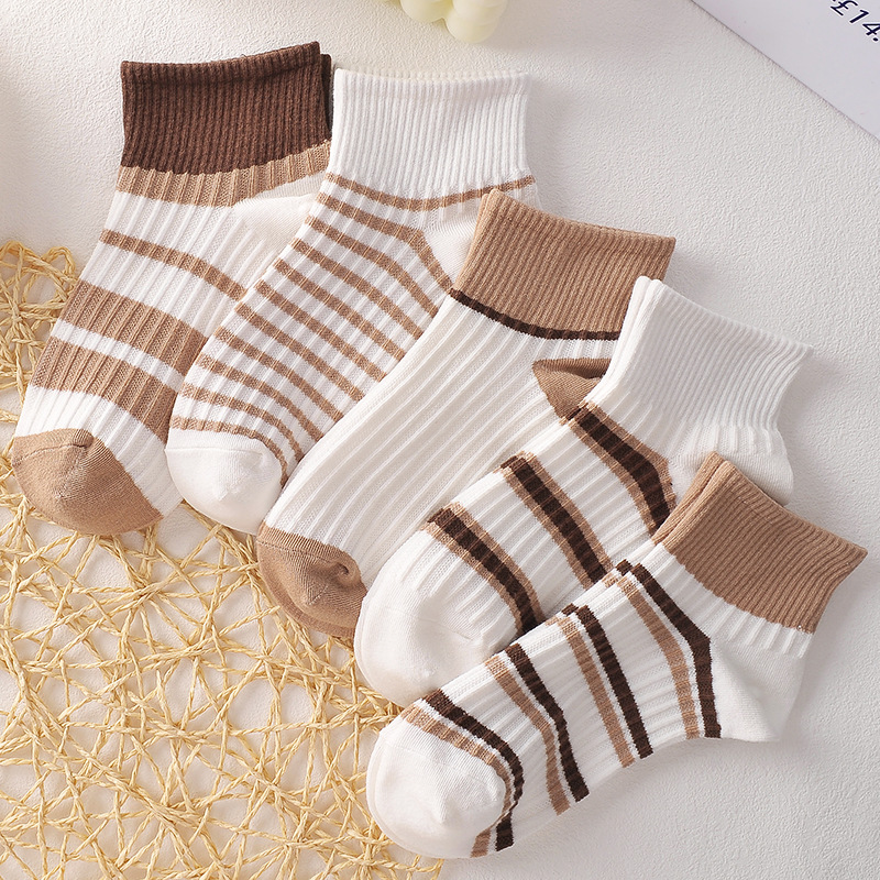 Spring and Summer Socks Women's Boat Socks Korean Style Striped Coffee Color Ins Style College Style Low-Cut Women's Socks Low Top Factory Wholesale