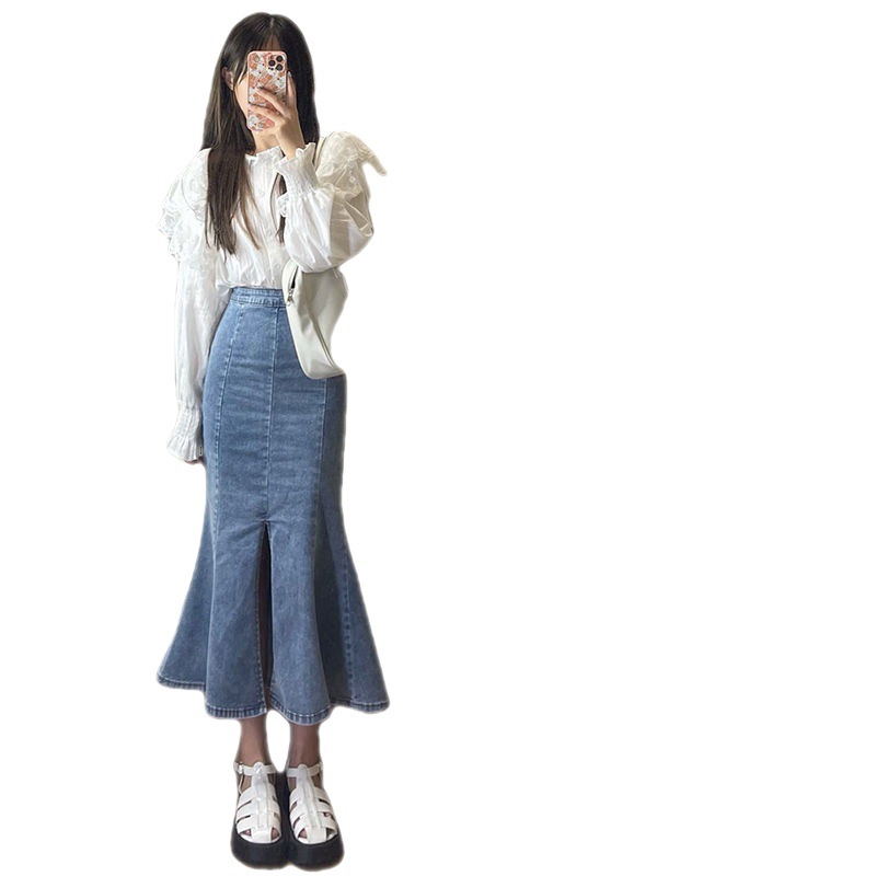 Stretch Denim Fishtail Skirt Split Skirt 2023 New Mid-Length Hip Skirt Small Denim Skirt