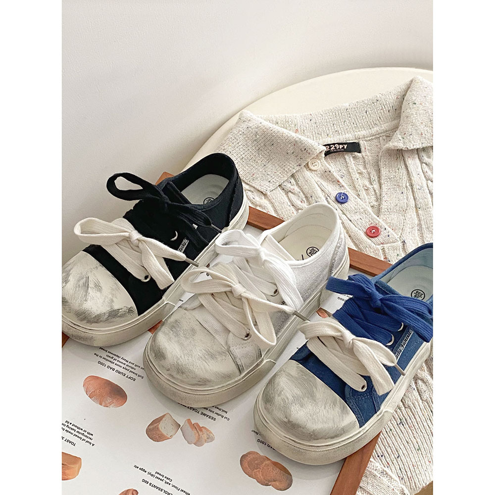 擦色做旧复古脏脏帆布鞋女2024春季新款韩版百搭厚底学生休闲板鞋