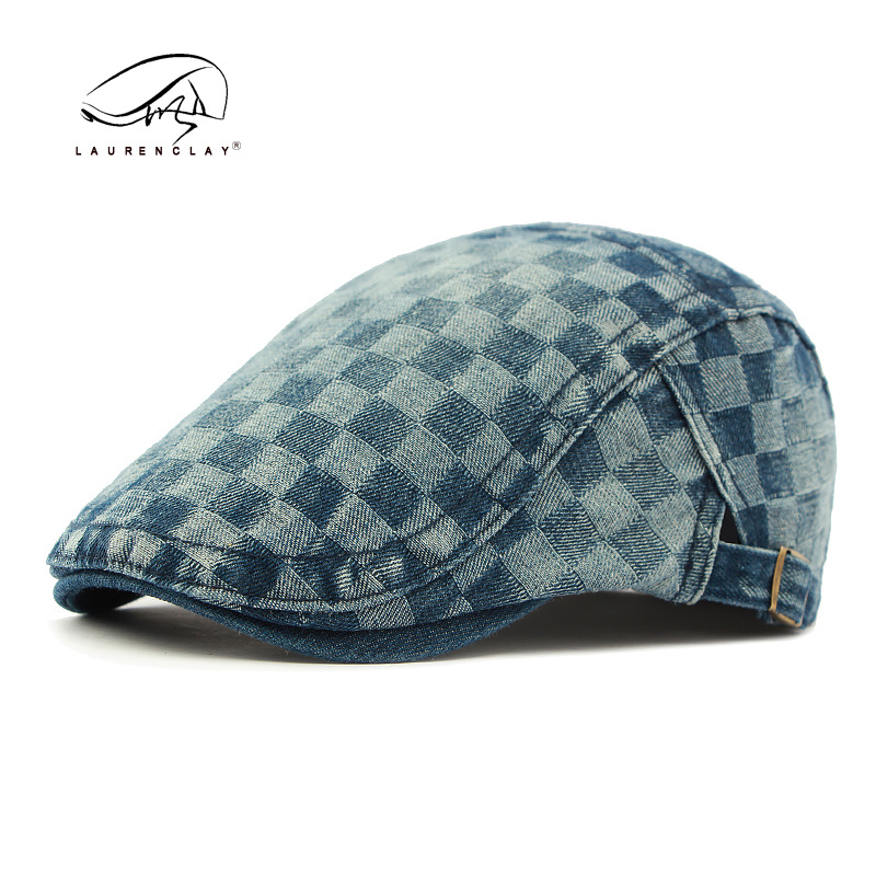 Korean Style Fashion Peaked Cap Women's Casual All-Match Chessboard Plaid Washed Denim Beret Men's British Retro Advance Hats