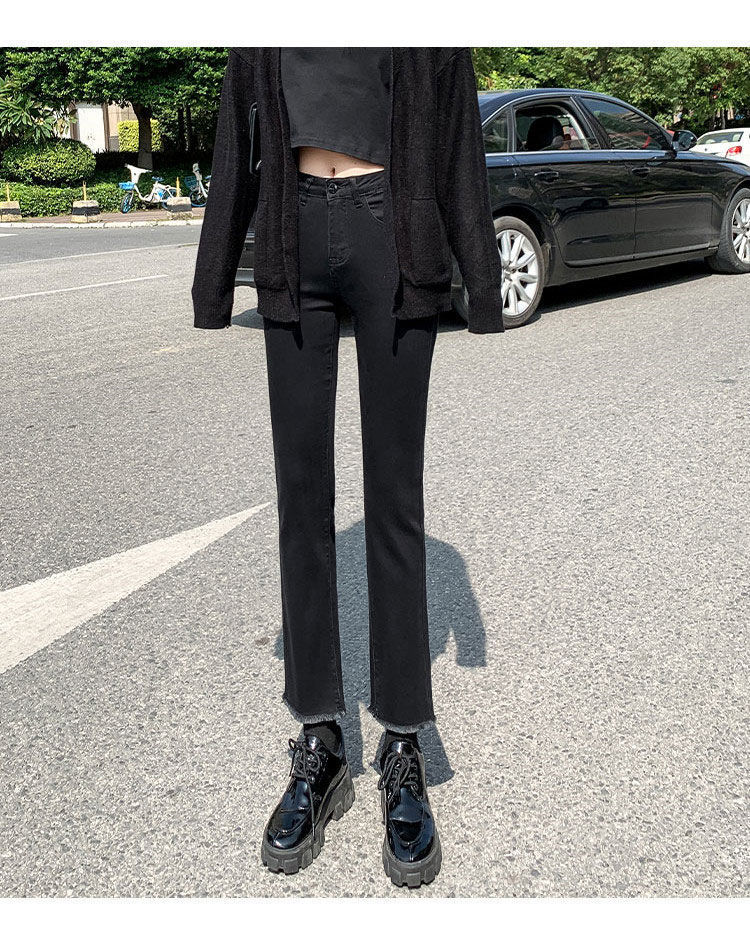 高腰黑色直筒春款牛仔裤女秋冬季显瘦九分烟管裤子微喇叭大码胖mm
