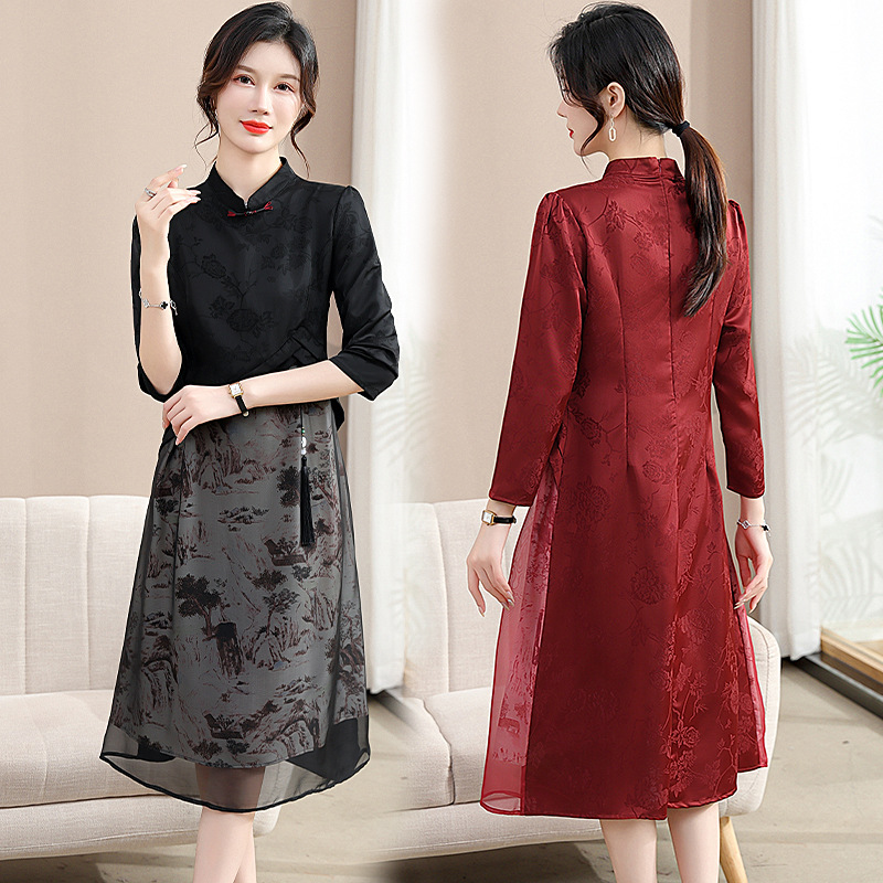 春秋新款复古国风连衣裙中老年优雅提花纱裙气质妈妈装结婚红礼服