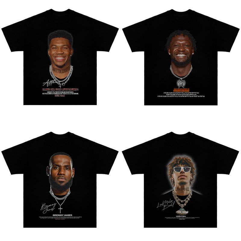 nba球星个性签名大头照美式复古上衣詹姆斯库里欧文直喷印花t恤潮