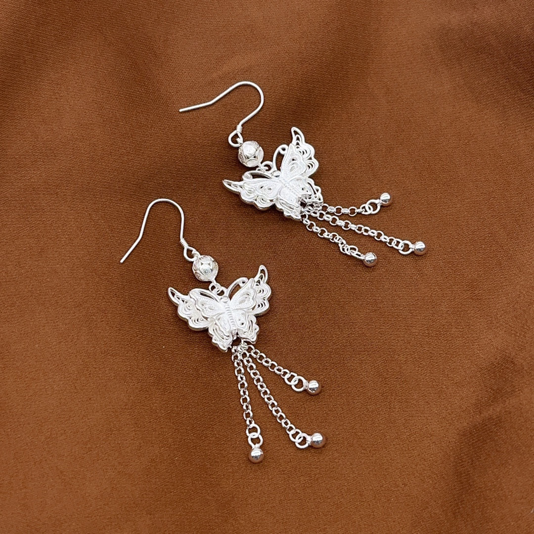 银佳银饰 足银990 花丝蝴蝶流苏耳环 时尚潮流 精品