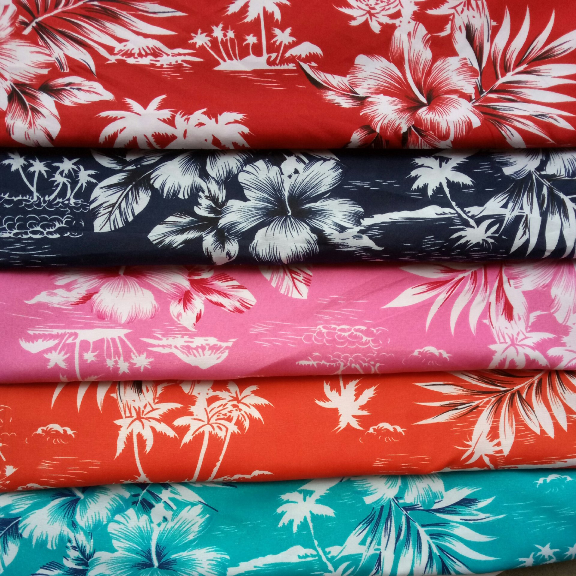 平纹桃皮绒印花 男女沙滩裤印花布 涤纶椰树印花 梭织花布布料