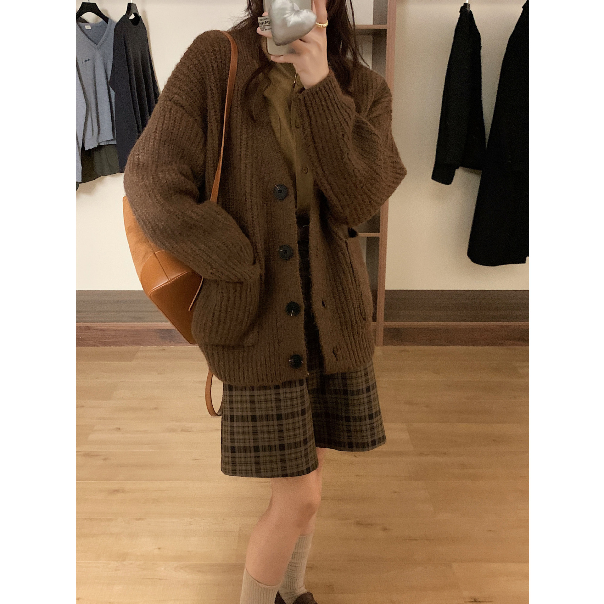 ruiishi韩代羊驼毛加厚粗线毛衣开衫女2023秋新款百搭v领简约外套