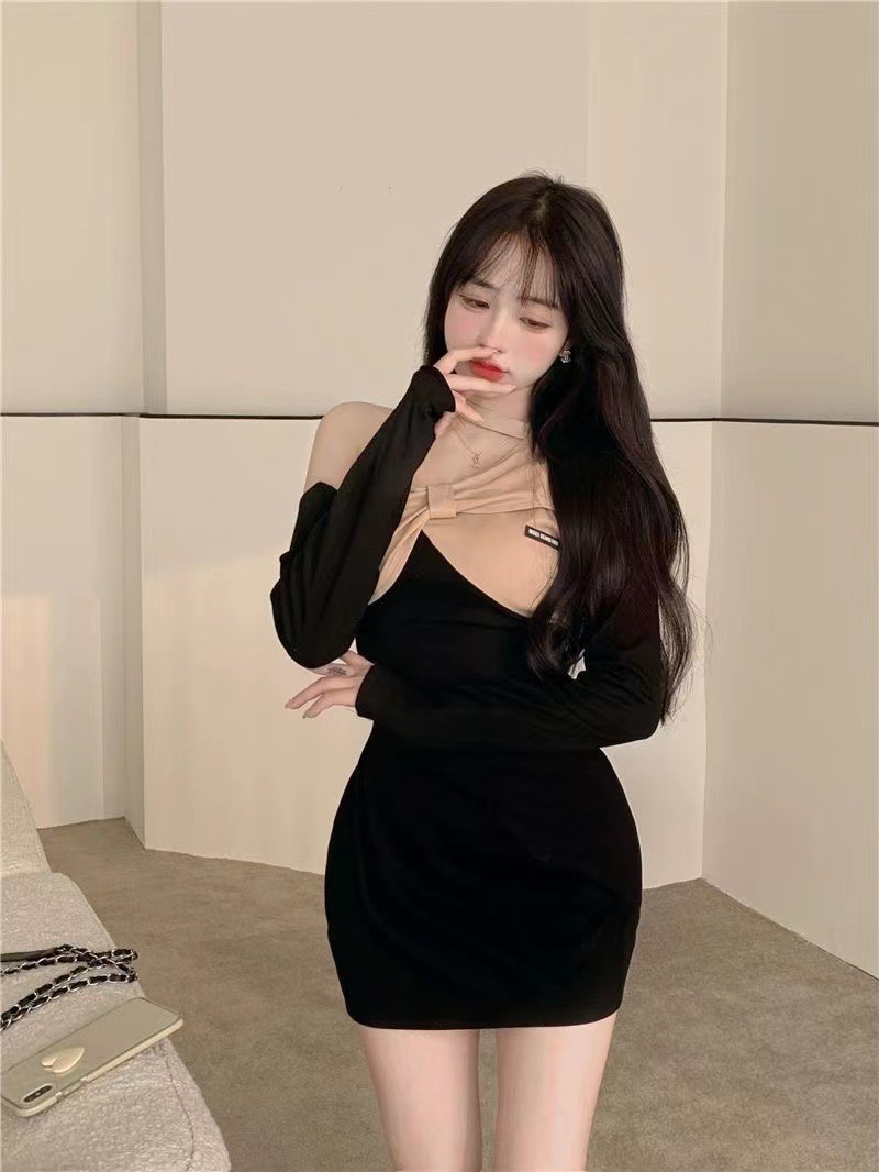 御姐禁欲系露香肩蝴蝶结连衣裙长袖包臀短裙纯欲辣妹穿搭