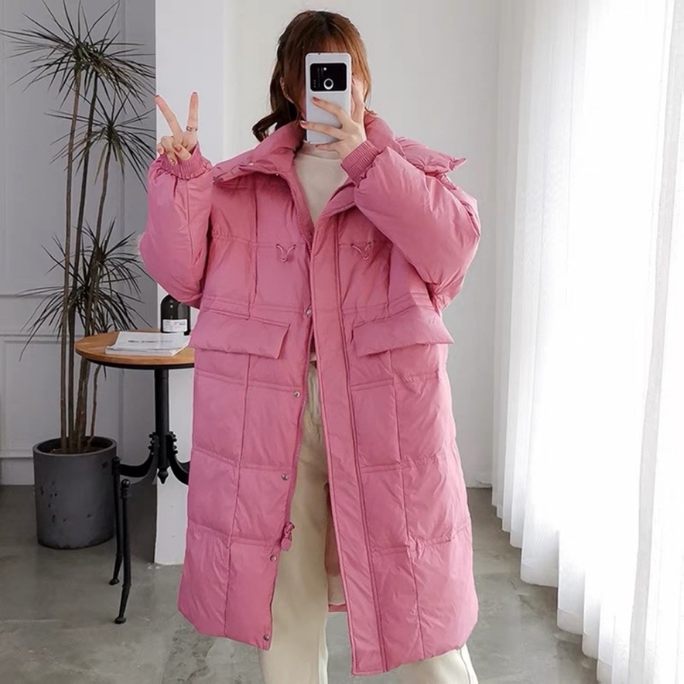 韩国新款雪梨同款羽绒服女中长款宽松加厚白鸭绒面包服糖果色