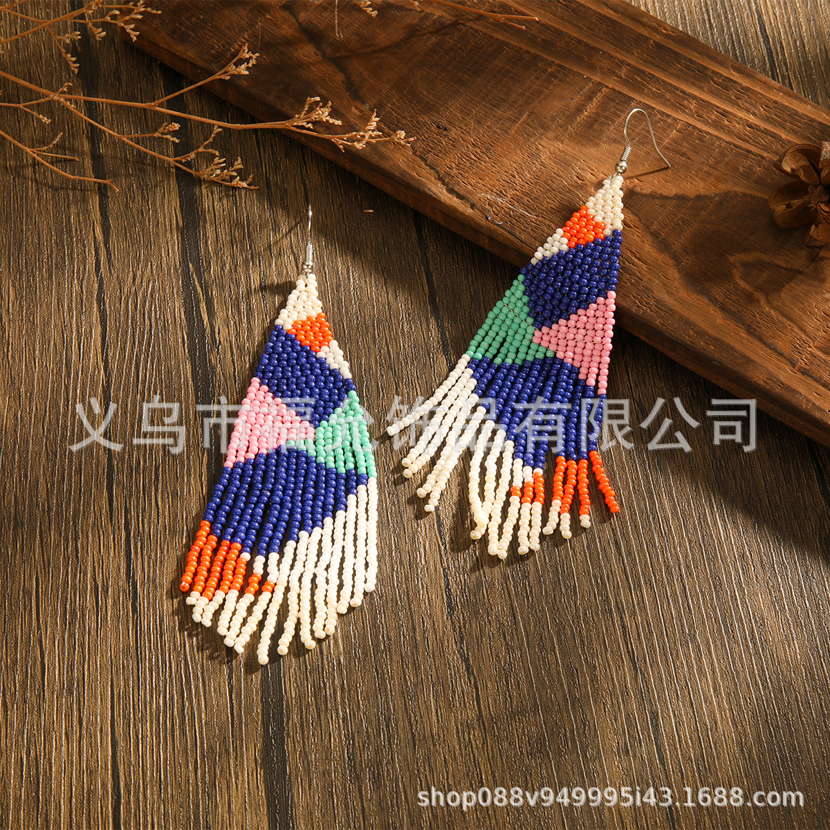 欧美跨境夸张菱形彩色米珠流苏耳环波西米亚风长款手工编织百搭女