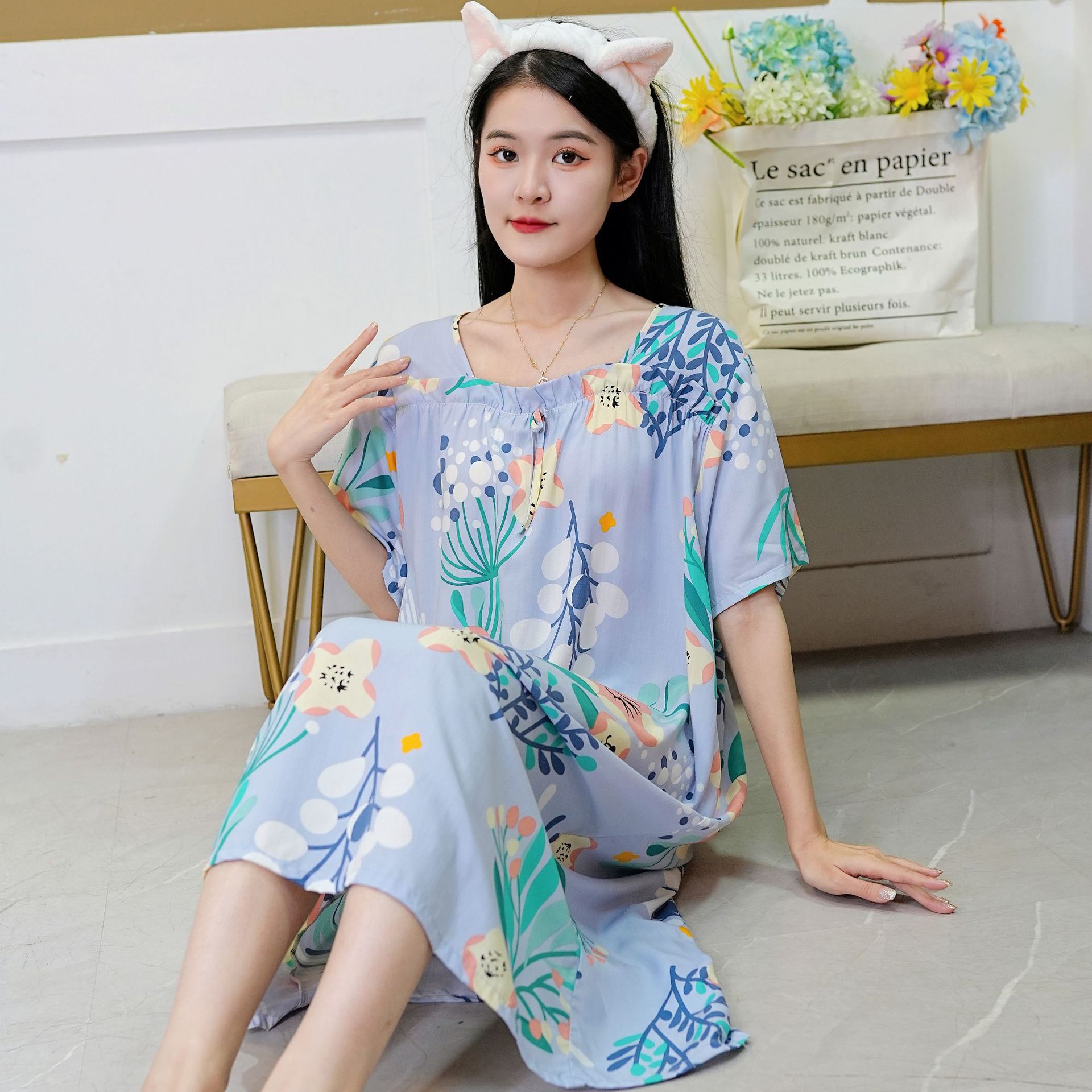 Artificial Cotton Nightdress Women's Summer New Sweet Cute Thin Home Wear Short Sleeve Large Size Can Be Worn outside U-Shaped Collar Dress