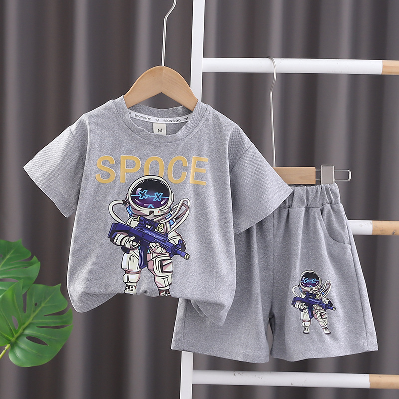 Children's Clothing Children's Short-Sleeved Suit 2024 New Western Style Boy Summer Clothing Clothes Fashion Baby Summer round Neck Two-Piece Set