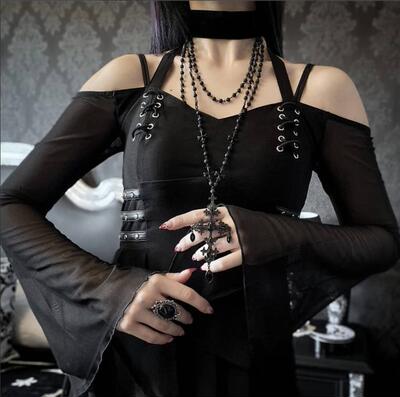 欧美暗黑哥特风纯色喇叭袖网纱双层挂脖连衣裙