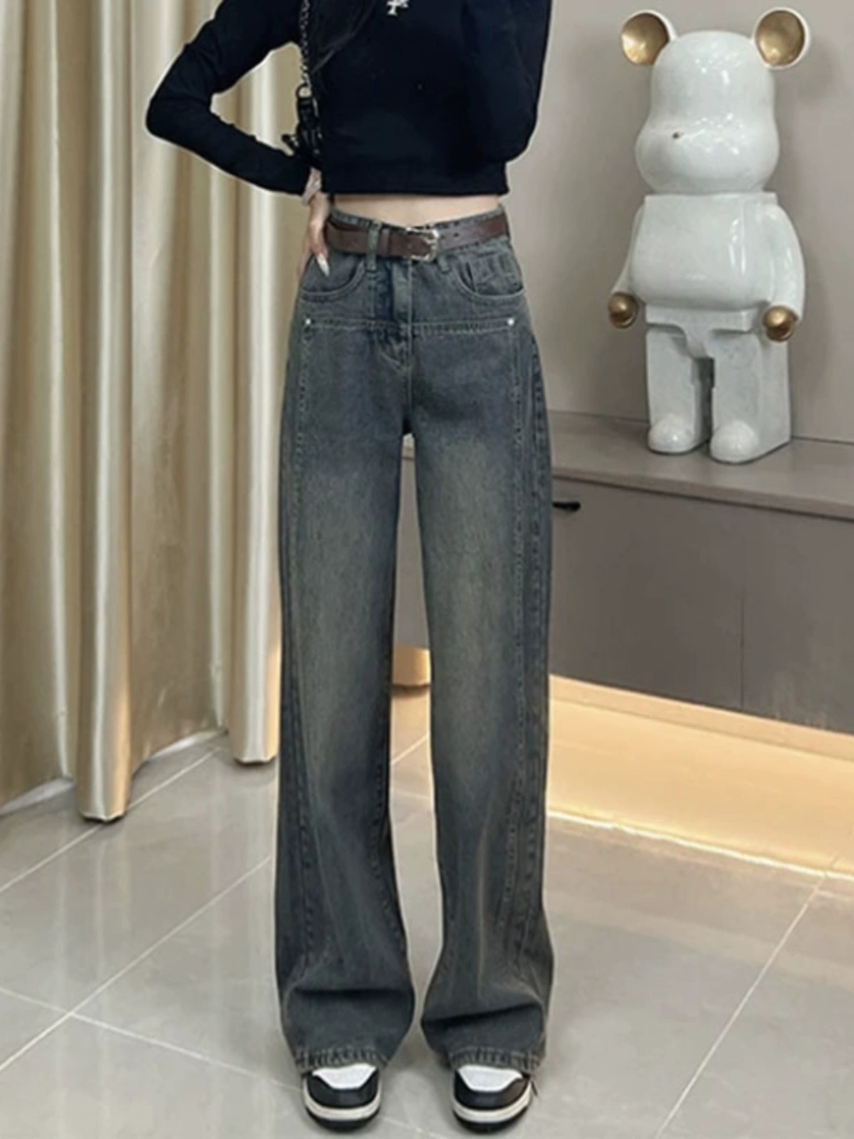 Fall 2023 New Pocket Loose Design Slimming Jeans Women's Retro Straight All-Matching Mop Wide Leg Pants