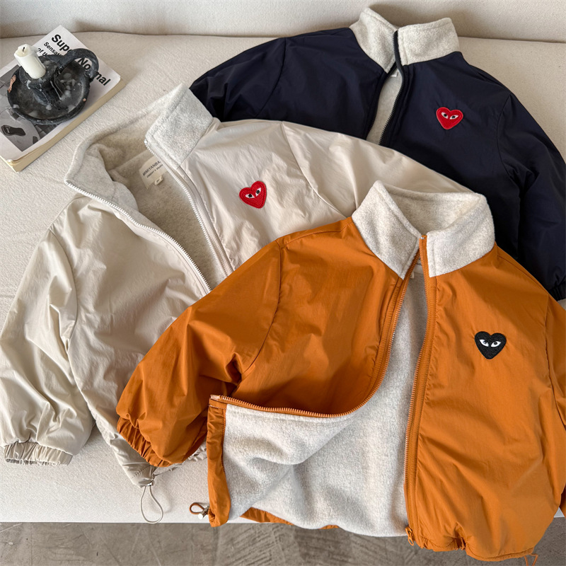 儿童外套2025眯眯眼秋冬新品男女童加厚抽绳外套宝宝爱心拉链衫潮