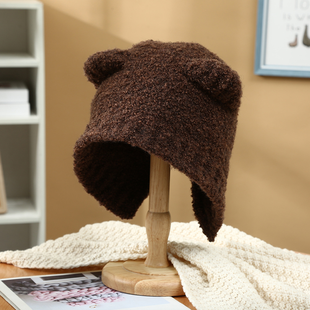 Korean Warm Cute Bear Hat Ins Style Earflaps Woolen Hat Winter Windproof Big Cap Face-Looking Small Knitted Hat