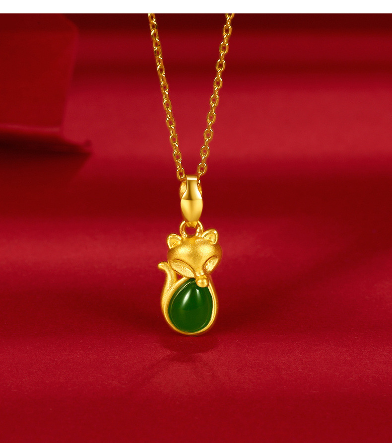 黄金狐狸金镶玉吊坠999足金碧玉和田玉项链女3d硬金套链送女友